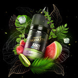 A 30ml bottle of Flavour Beast x Twelve Monkeys vape juice surrounded by strawberry, kiwi, watermelon, ice cubes and green leaves. Available at Underground Vapes Woodstock and London.