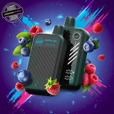 A 20ml disposable vape by Flavour Beast in blue razz flavour, surrounded by blueberries and raspberries. Underground Vapes Woodstock and London