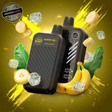 A 20ml disposable vape by Flavour Beast in Banana iced flavour, surrounded by banana slices and ice cubes. Underground Vapes Woodstock and London