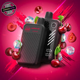 A 20ml disposable vape by Flavour Beast in cherry iced flavour, surrounded by cherries and ice cubes. Underground Vapes Woodstock and London