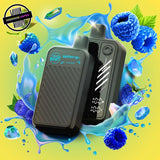 A 20ml disposable vape by Flavour Beast in blue razz flavour, surrounded by blue raspberries and a blue splash of liquid. Underground Vapes Woodstock and London