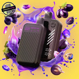A 20ml disposable vape by Flavour Beast in grape flavour, surrounded by grapes and a purple splash of liquid. Underground Vapes Woodstock and London