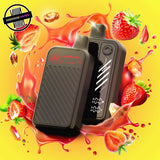 A 20ml disposable vape by Flavour Beast in strawberry, surrounded by strawberries and a pink splash of liquid. Underground Vapes Woodstock and London