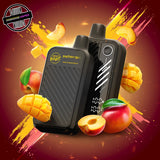 A 20ml disposable vape by Flavour Beast in mango peach flavour, surrounded by mango and peach slices. Underground Vapes Woodstock and London