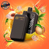 A 20ml disposable vape by Flavour Beast in peach Canada D iced flavour, surrounded by peach slices, a splash of peach liquid, and ice cubes. Underground Vapes Woodstock and London