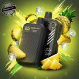 A 20ml disposable vape by Flavour Beast in pineapple iced flavour, surrounded by pineapple slices and ice cubes. Underground Vapes Woodstock and London