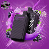 A 20ml disposable vape by Flavour Beast inpurple fizz iced flavour, surrounded by grapes, a purple splash of liquid, and ice cubes. Underground Vapes Woodstock and London