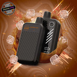 A 20ml disposable vape by Flavour Beast in R.B. flavour, surrounded by a brown, fizzy splash of liquid and ice cubes. Underground Vapes Woodstock and London