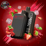 A 20ml disposable vape by Flavour Beast in strawberry iced flavour, surrounded by strawberry slices and ice cubes. Underground Vapes Woodstock and London