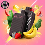 A 20ml disposable vape by Flavour Beast in strawberry banana iced flavour, surrounded by strawberries, bananas, and ice cubes. Underground Vapes Woodstock and London
