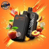 A 20ml disposable vape by Flavour Beast in sour peach Iced flavour, surrounded by peach slices and ice cubes. Underground Vapes Woodstock and London