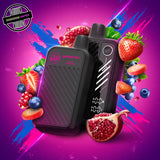 A 20ml disposable vape by Flavour Beast in triple berry flavour, surrounded by blueberries, raspberries, pomegranate, and ice cubes. Underground Vapes Woodstock and London
