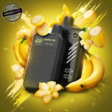 A 20ml disposable vape by Flavour Beast in vanilla banana flavour, surrounded by banana slices, vanilla flowers, and ice cubes. Underground Vapes Woodstock and London