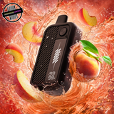 Black and white Beast Mode Max 3 20ml disposable by Flavour Beast surrounded by peach slices and peach juice. Underground Vapes Woodstock and London