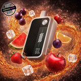 Black and white Beast Mode Max 3 20ml disposable by Flavour Beast surrounded by grape, cherry, watermelon, apple, orange, strawberry, and ice cubes. Underground Vapes Woodstock and London