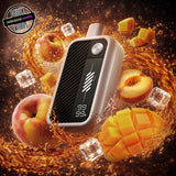 Black and white Beast Mode Max 3 20ml disposable by Flavour Beast surrounded by peach slices, mango slices, and ice cubes. Underground Vapes Woodstock and London
