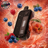 A black disaposable vape by Flavour Beast surrounded by peach slices, blueberries, and raspberries in water. Underground Vapes Woodstock and London