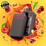 A 20ml disposable vape by Flavour Beast in cherry flavour, surrounded by cherries and a red splash of liquid. Underground Vapes Woodstock and London
