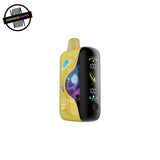 Yellow Elfbar disposable in mango ice flavour on a white background. Underground Vapes Woodstock and London
