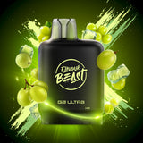 A 20ml prefilled vape pod by Level X Flavour Beast in white grape ice flavour. The pod is surrounded by bunches of green grapes and ice cubes. Underground Vapes Woodstock and London