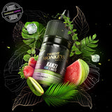 A 30ml bottle of salt nic by Flavour Beast x Twelve Monkeys surrounded by kiwi, strawberry, watermelon, and ice. Underground Vapes Woodstock and London