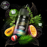 A 30ml bottle of salt nic by Flavour Beast x Twelve Monkeys surrounded by lychee, passionfruit, papaya, and ice. Underground Vapes Woodstock and London