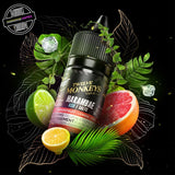 A 30ml bottle of salt nic by Flavour Beast x Twelve Monkeys surrounded by lemon, lime, grapefruit, and ice. Underground Vapes Woodstock and London