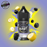 A 30ml bottle of Flavour Beast E-liquid in banana blackberry ice flavour, surrounded by blackberries, banana slices, and ice cubes, on a bright purple and yellow background. Underground Vapes Woodstock and London