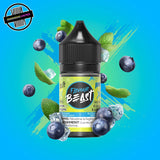 A 30ml bottle of Flavour Beast E-liquid in blueberry mint ice flavour, surrounded by blueberries, mint leaves, and ice cubes, on a bright blue background. Underground Vapes Woodstock and London