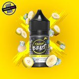 A 30ml bottle of Flavour Beast E-liquid in banana ice flavour, surrounded by banana slices and ice cubes, on a bright yellow background. Underground Vapes Woodstock and London