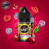 A 30ml bottle of Flavour Beast E-liquid in cherry ice flavour, surrounded by cherries and ice cubes, on a bright red-pink background. Underground Vapes Woodstock and London