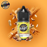 A 30ml bottle of Flavour Beast E-liquid in peanut butter flavour, surrounded by peanuts, on a brown-beige background. Underground Vapes Woodstock and London