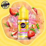A 30ml bottle of Flavour Beast Cravin' Series E-Liquid in strawberry dream flavour. The bottle is surrounded by strawberries, pink cream, and ice cubes. Underground Vapes Woodstock and London