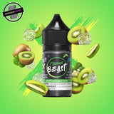 A 30ml bottle of Flavour Beast E-liquid in kiwi ice flavour, surrounded by kiwi slices and ice cubes, on a bright green background. Underground Vapes Woodstock and London