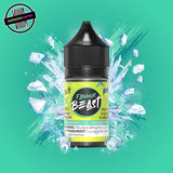 A 30ml bottle of Flavour Beast E-liquid in mint ice flavour, surrounded by ice cubes, on a bright minty-green background. Underground Vapes Woodstock and London