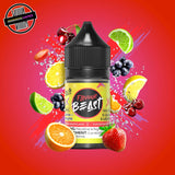 A 30ml bottle of Flavour Beast E-liquid in fruit flash flavour, surrounded by citrus slices, cherries, and berries, on a bright orange background. Underground Vapes Woodstock and London