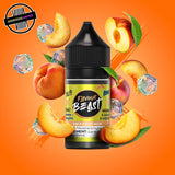 A 30ml bottle of Flavour Beast E-liquid in peach ice flavour, surrounded by peach slices and ice cubes, on a bright orange background. Underground Vapes Woodstock and London
