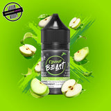 A 30ml bottle of Flavour Beast E-liquid in green apple flavour, surrounded by apple slices, on a bright green background. Underground Vapes Woodstock and London
