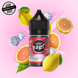 A 30ml bottle of Flavour Beast E-liquid in grapefruit lemonade ice flavour, surrounded by grapefruit slices, lemon, and ice cubes, on a light pink background. Underground Vapes Woodstock and London