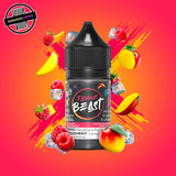 A 30ml bottle of Flavour Beast E-liquid in rfaspberry mango ice flavour, surrounded by raspberries, mango slices ,and ice cubes, on a bright pink and yellow background. Underground Vapes Woodstock and London