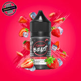 A 30ml bottle of Flavour Beast E-liquid in strawberry ice flavour, surrounded by strawberries  and ice cubes, on a bright magenta background. Underground Vapes Woodstock and London