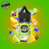 A 30ml bottle of Flavour Beast E-liquid in blue citrus ice flavour, surrounded by blue raspberries, citrus slices, and ice cubes, on a bright green and yellow background. Underground Vapes Woodstock and London