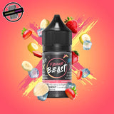 A 30ml bottle of Flavour Beast E-liquid in strawberry banana ice flavour, surrounded by strawberries, banana slices, and ice cubes, on a bright pink and yellow background. Underground Vapes Woodstock and London