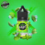 A 30ml bottle of Flavour Beast E-liquid in spearmint ice flavour, surrounded by mint leaves and ice cubes, on a bright green background. Underground Vapes Woodstock and London