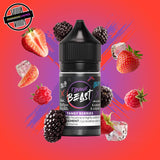 A 30ml bottle of Flavour Beast E-liquid in tangy berry ice flavour, surrounded by strawberries, blackberries, raspberries, and ice cubes, on a bright pink and purple background. Underground Vapes Woodstock and London