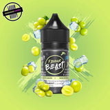 A 30ml bottle of Flavour Beast E-liquid in white grape ice flavour, surrounded by green grapes and ice cubes, on a bright green background. Underground Vapes Woodstock and London