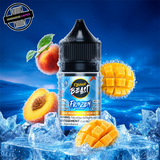 A 30ml bottle of Flavour Beast E-liquid Frozen Series in peach mango iced flavour, sitting on a pile of ice and surrounded by mango and peach slices, on a bright blue background. Underground Vapes Woodstock and London