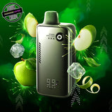 A 30ml disposable vape by Flavour Beast, Apple Iced flavour. The device has a button to control wattage and lights to show battery and juice percentage. Underground Vapes Woodstock and London