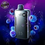 A 30ml disposable vape by Flavour Beast, Blue Razz flavour. The device has a button to control wattage and lights to show battery and juice percentage. Underground Vapes Woodstock and London