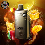 A 30ml disposable vape by Flavour Beast, mango flavour. The device has a button to control wattage and lights to show battery and juice percentage. Underground Vapes Woodstock and London
